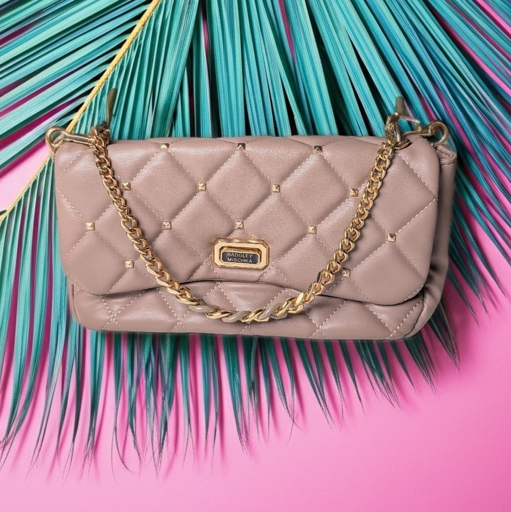 Badgley Mischka Taupe Quilted Shoulder Bag with Gold Chain